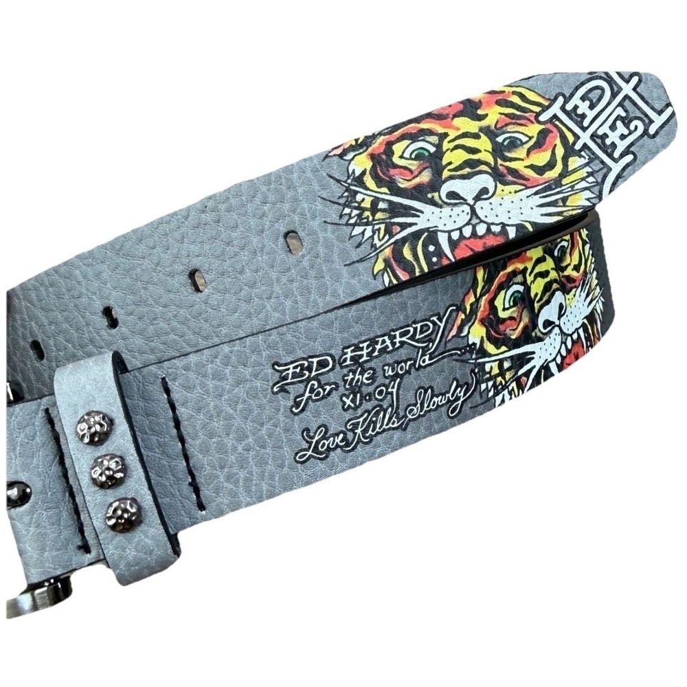 Ed Hardy Men's Tiger Studded Belt Gray/Black Size 34 New